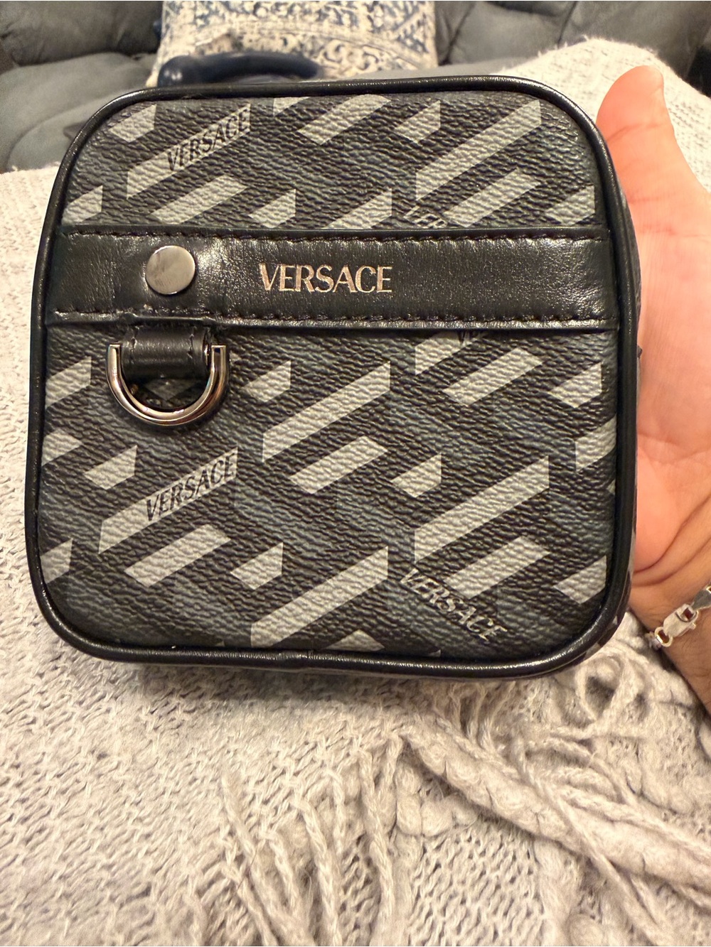 Versace La Greca Monogram Belt Bag Pouch Black Gray Coated Canvas No Belt unisex